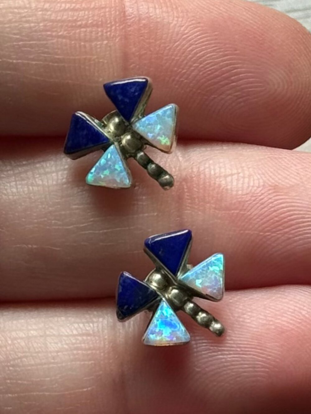 Zuni Dragonfly Earrings in Lapis Lazuli, Opal, and Sterling Silver